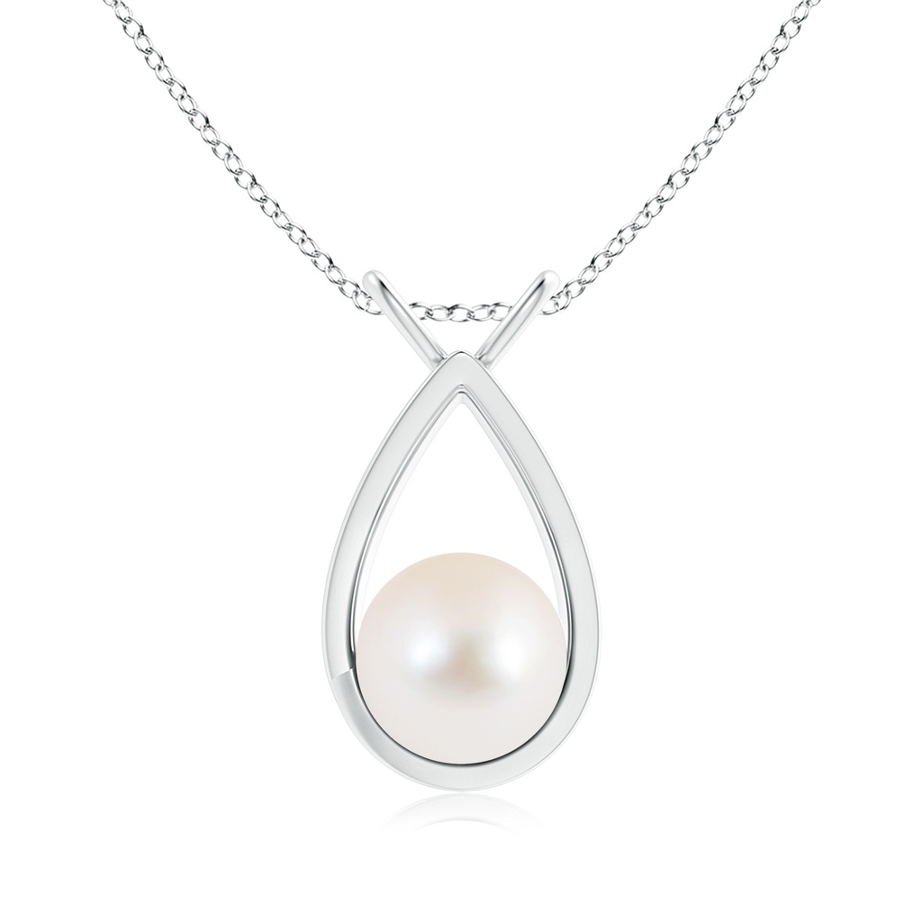 9mm AAA Solitaire Freshwater Pearl V-Bale Drop Pendant in White Gold 