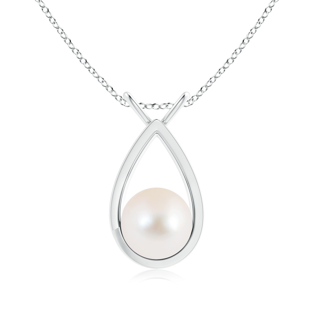 9mm AAA Solitaire Freshwater Pearl V-Bale Drop Pendant in White Gold