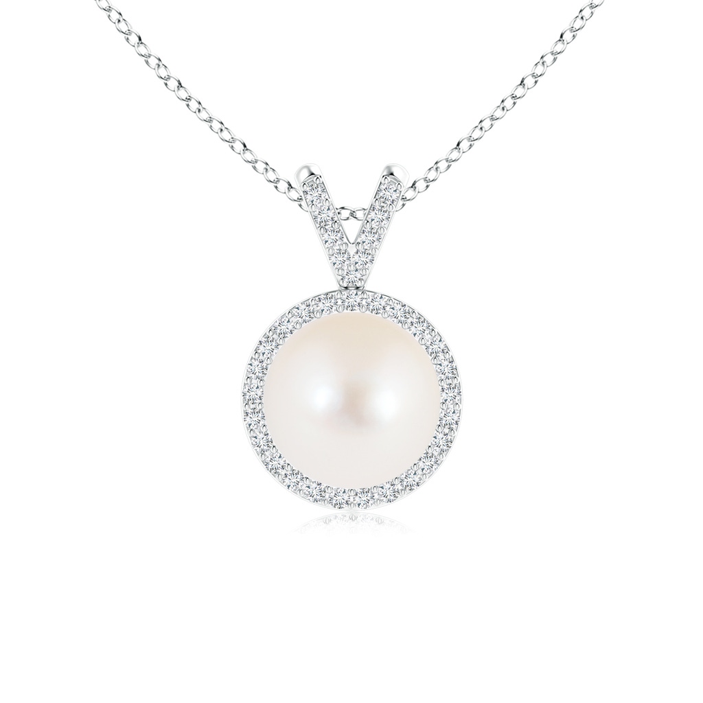 8mm AAA Classic Freshwater Cultured Pearl Halo V-Bale Pendant in White Gold