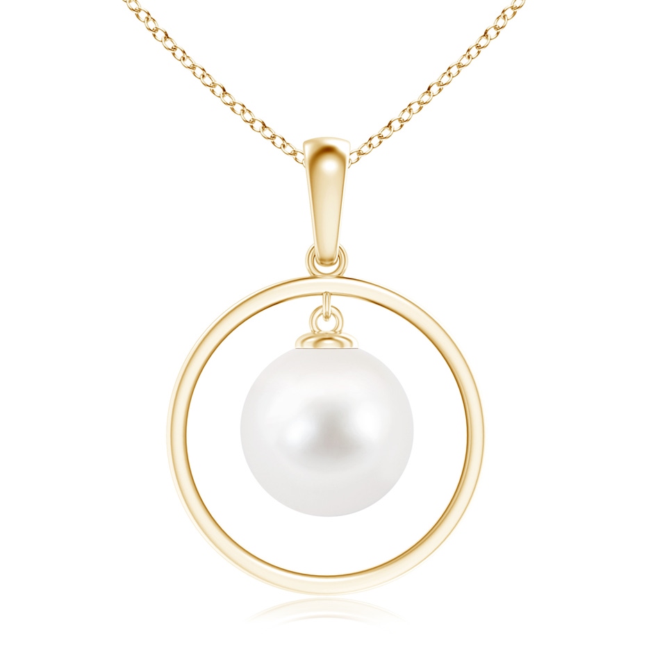 10mm AA Freshwater Pearl Open Circle Dangle Pendant in Yellow Gold 