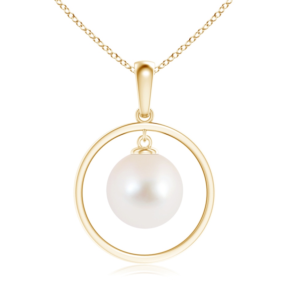 10mm AAA Freshwater Pearl Open Circle Dangle Pendant in Yellow Gold 