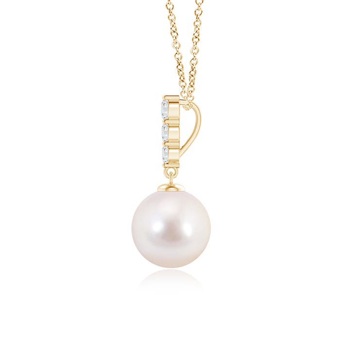 8mm AAAA Japanese Akoya Pearl Drop Pendant with Graduated Diamonds in Yellow Gold