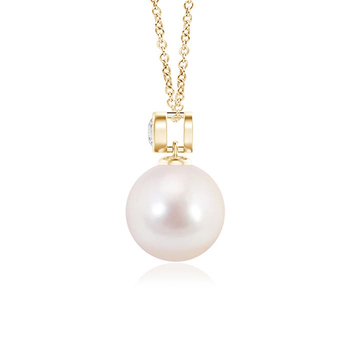 8mm AAAA Japanese Akoya Pearl Pendant with Bezel-Set Diamond in Yellow Gold