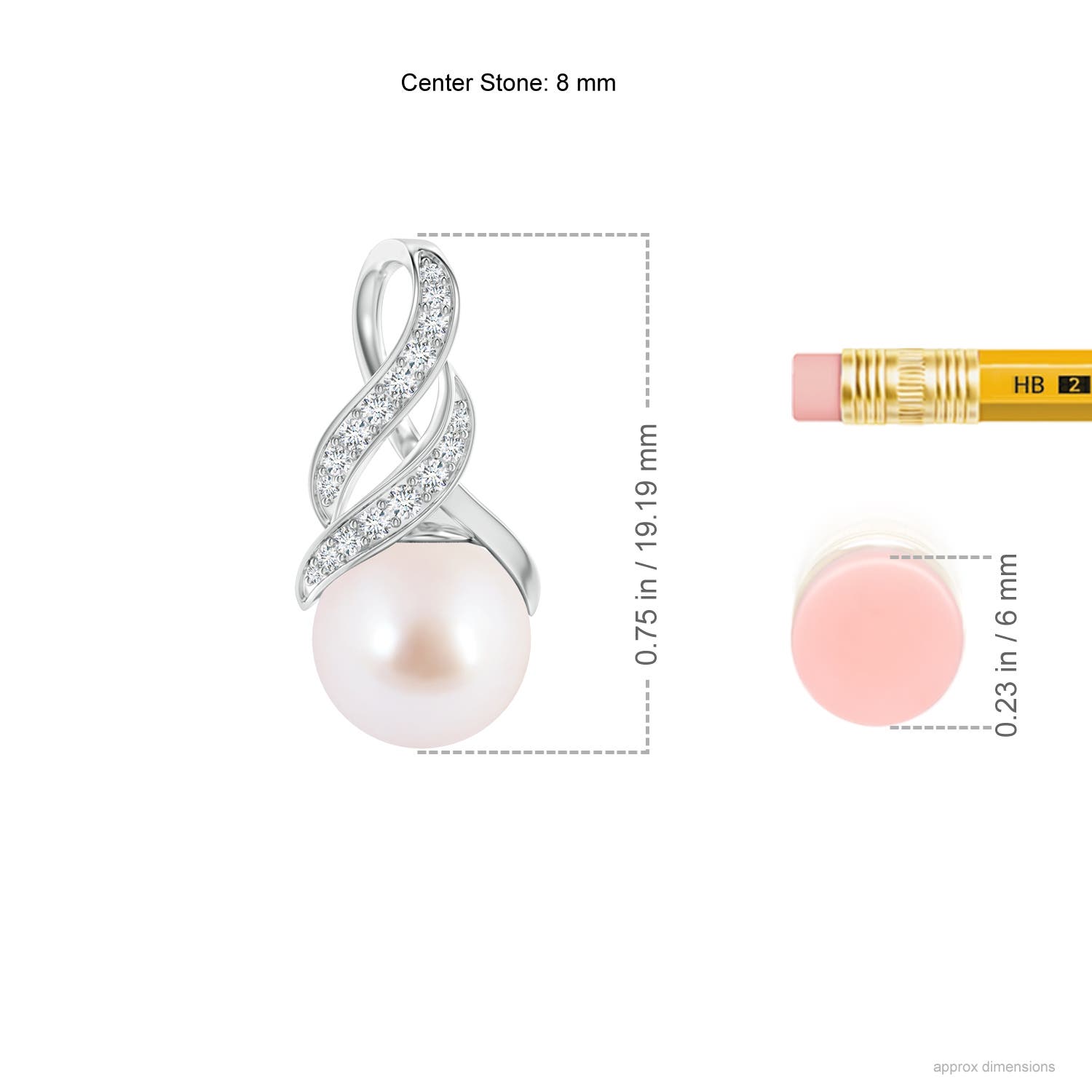 8mm AAA Japanese Akoya Pearl Swirl Bale Pendant in White Gold - ruler