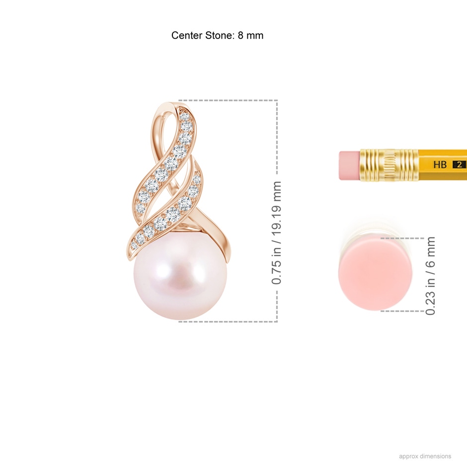 8mm AAAA Japanese Akoya Pearl Swirl Bale Pendant in Rose Gold ruler
