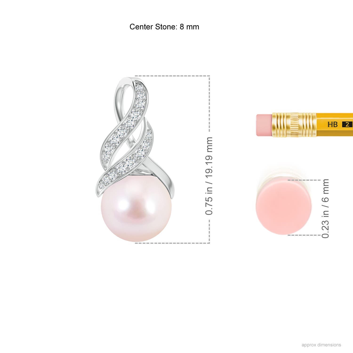 8mm AAAA Japanese Akoya Pearl Swirl Bale Pendant in White Gold - ruler