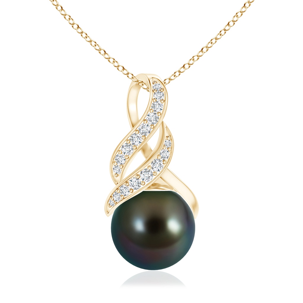 10mm AAAA Tahitian Pearl and Diamond Swirl Bale Pendant in Yellow Gold 