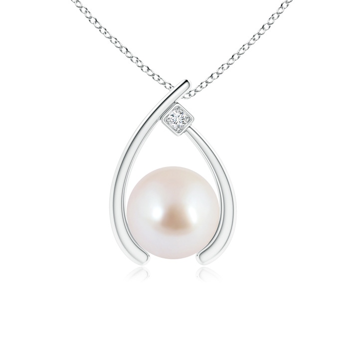 8mm AAA Japanese Akoya Pearl Wishbone Pendant with Diamond in White Gold 
