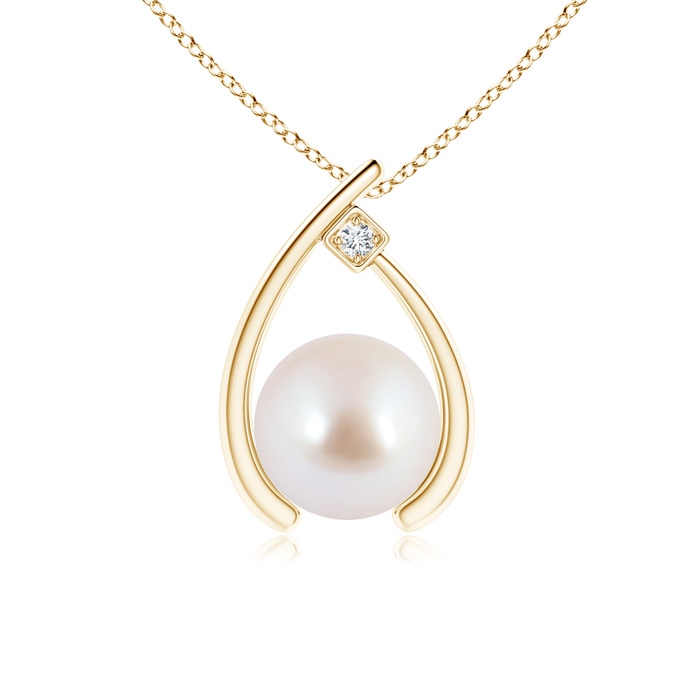 8mm AAA Japanese Akoya Pearl Wishbone Pendant with Diamond in Yellow Gold 