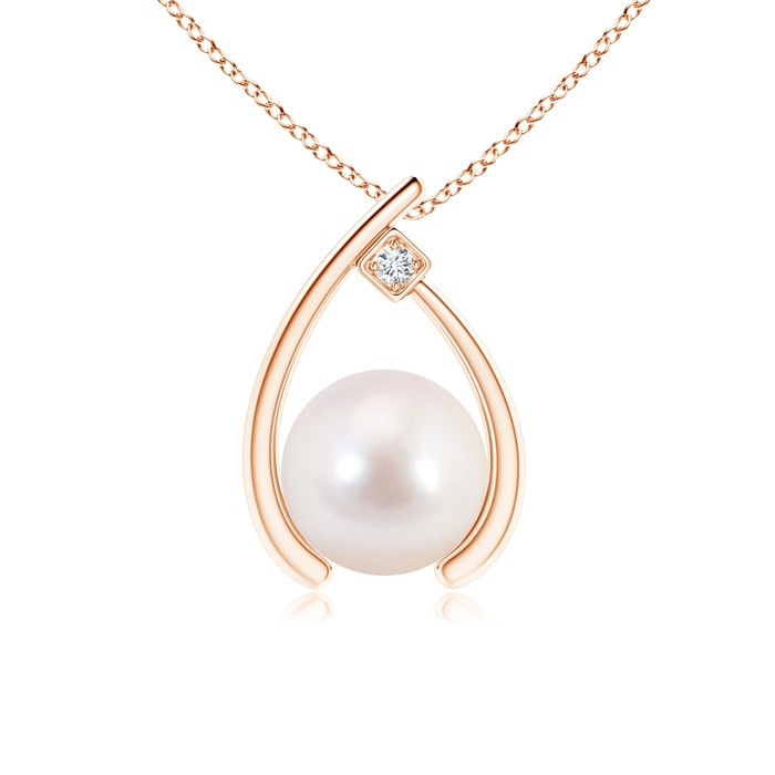 8mm AAAA Japanese Akoya Pearl Wishbone Pendant with Diamond in 9K Rose Gold 