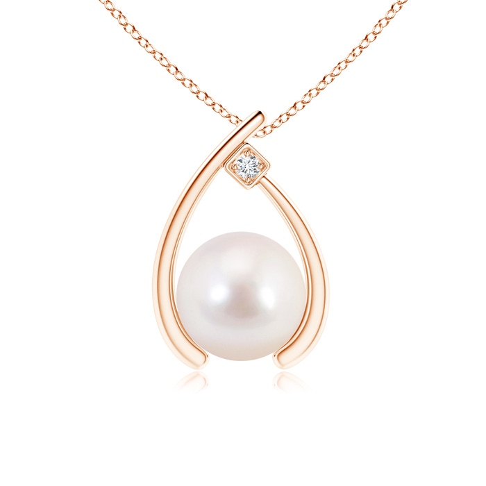 8mm AAAA Japanese Akoya Pearl Wishbone Pendant with Diamond in Rose Gold 