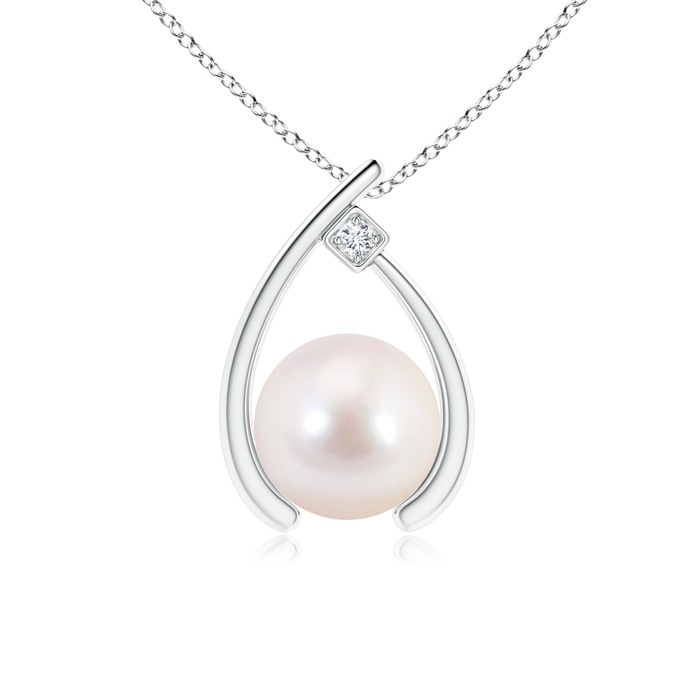 8mm AAAA Japanese Akoya Pearl Wishbone Pendant with Diamond in White Gold