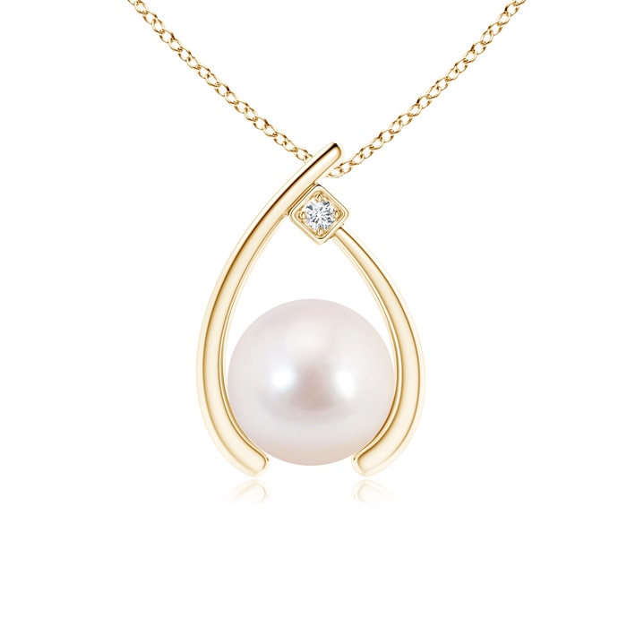 8mm AAAA Japanese Akoya Pearl Wishbone Pendant with Diamond in Yellow Gold