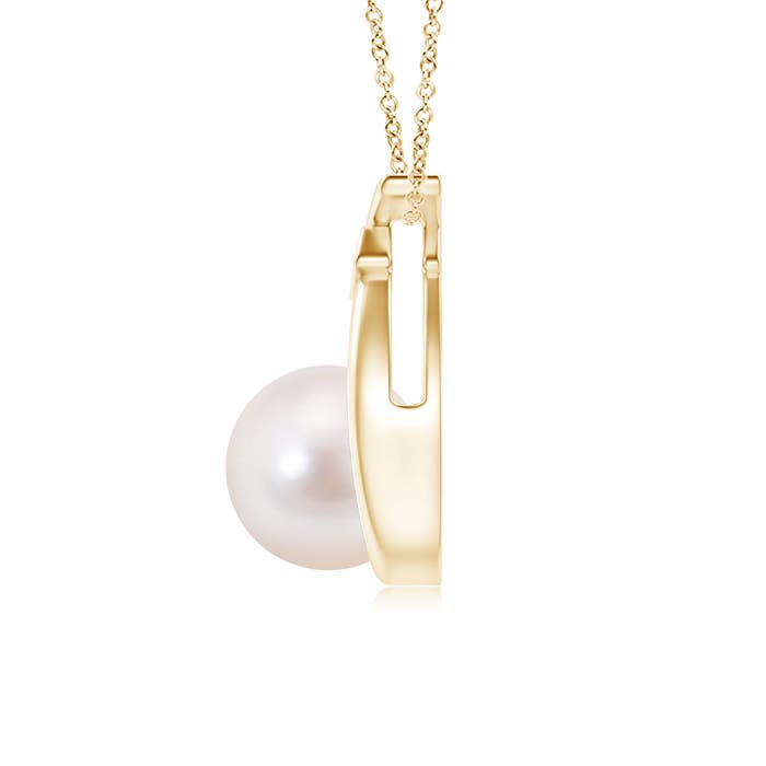 8mm AAAA Japanese Akoya Pearl Wishbone Pendant with Diamond in Yellow Gold