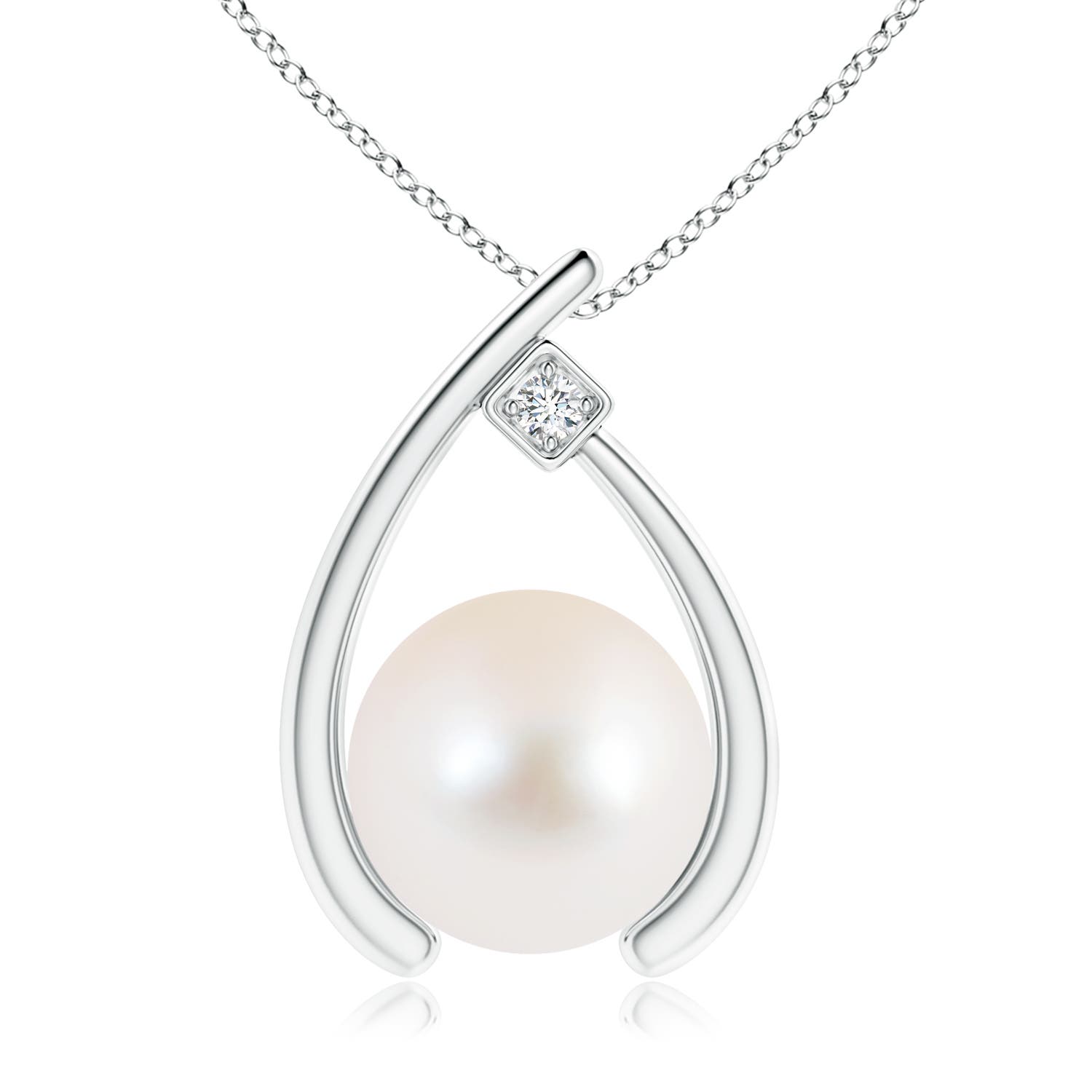 10mm AAA Freshwater Pearl Wishbone Pendant with Diamond in 18K White Gold
