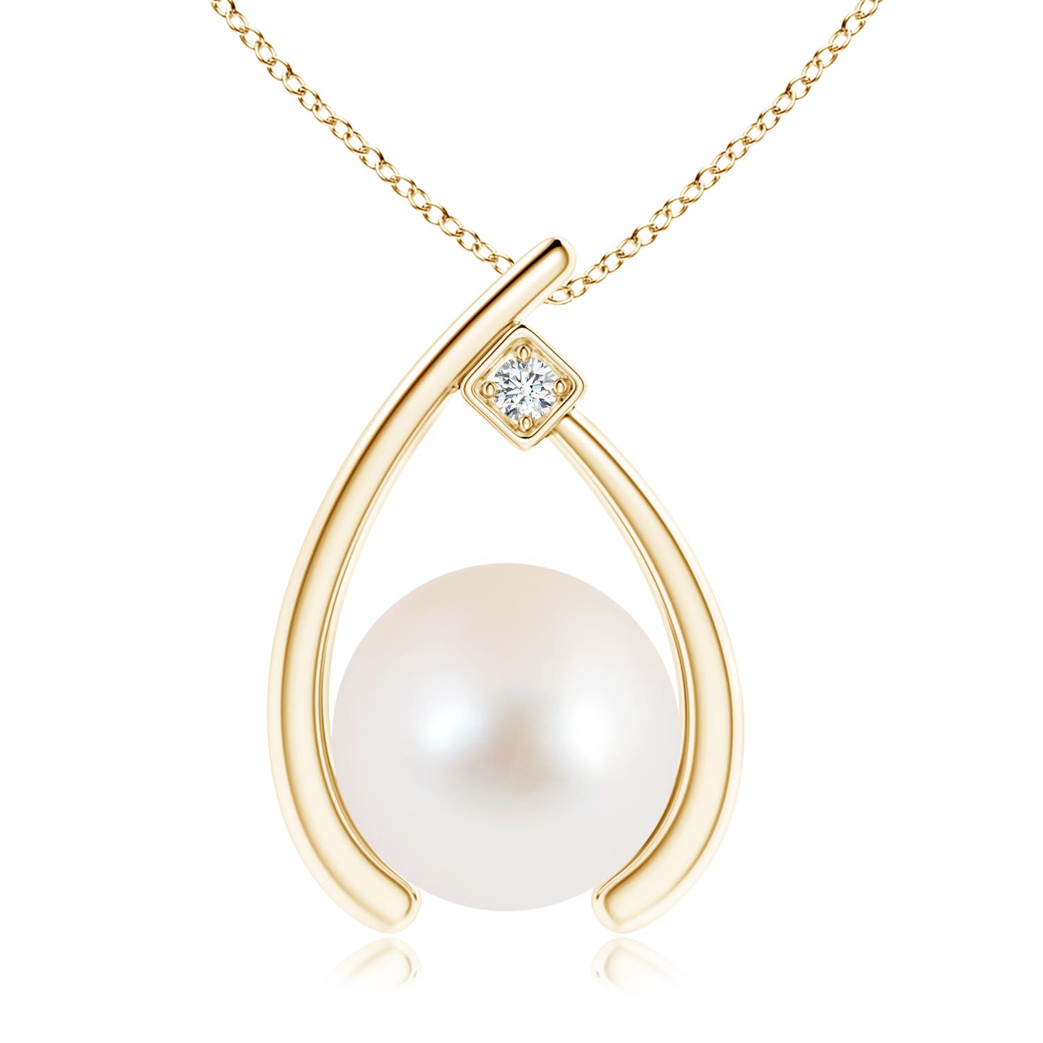 10mm AAA Freshwater Pearl Wishbone Pendant with Diamond in 18CT Yellow Gold