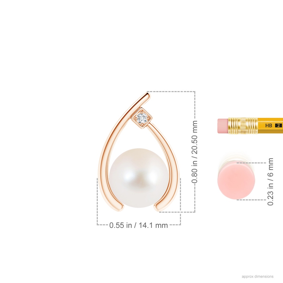 10mm AAA Freshwater Pearl Wishbone Pendant with Diamond in Rose Gold ruler