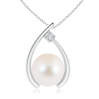 10mm AAA Freshwater Pearl Wishbone Pendant with Diamond in White Gold