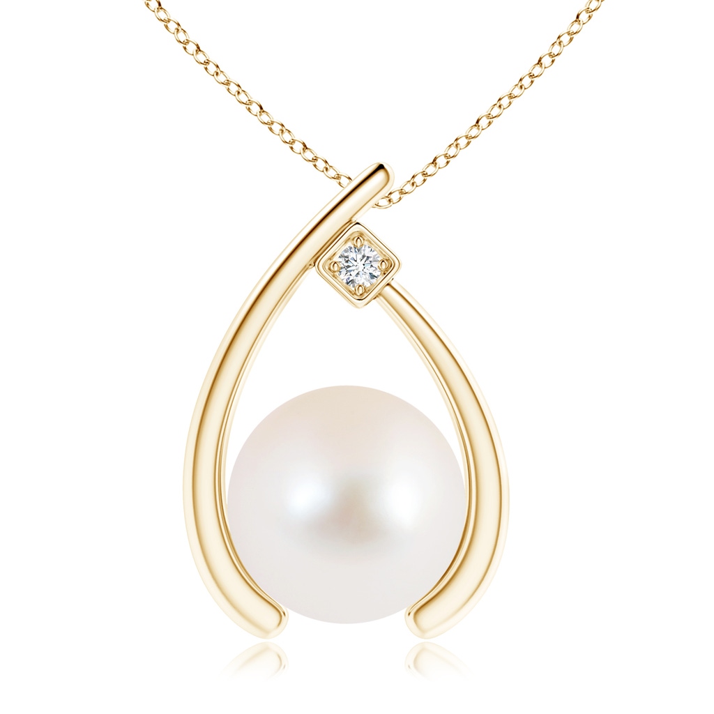 10mm AAA Freshwater Pearl Wishbone Pendant with Diamond in Yellow Gold