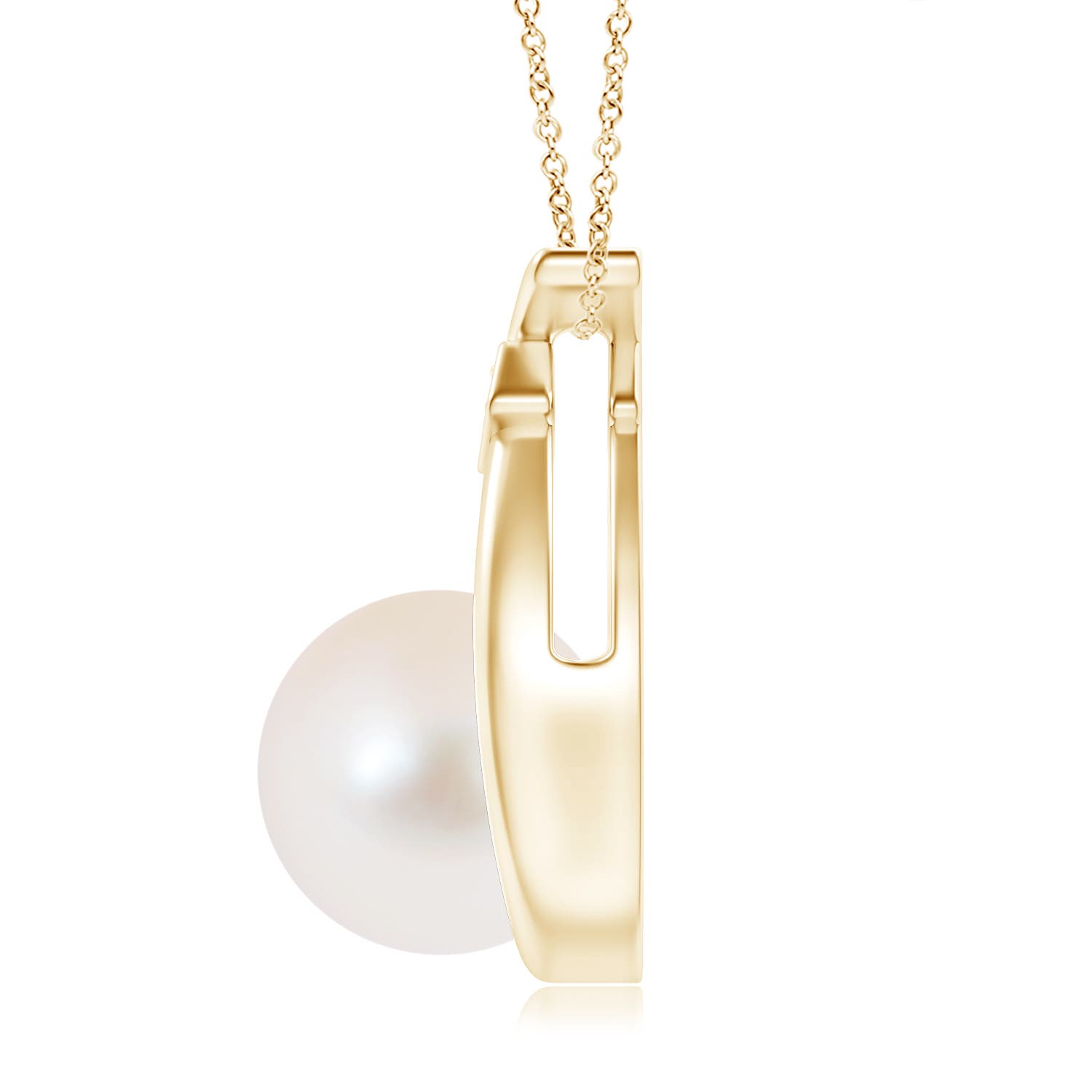 10mm AAA Freshwater Pearl Wishbone Pendant with Diamond in Yellow Gold
