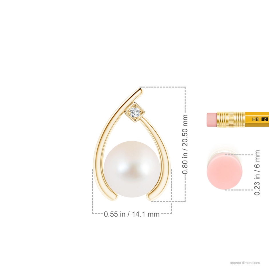 10mm AAA Freshwater Pearl Wishbone Pendant with Diamond in Yellow Gold ruler
