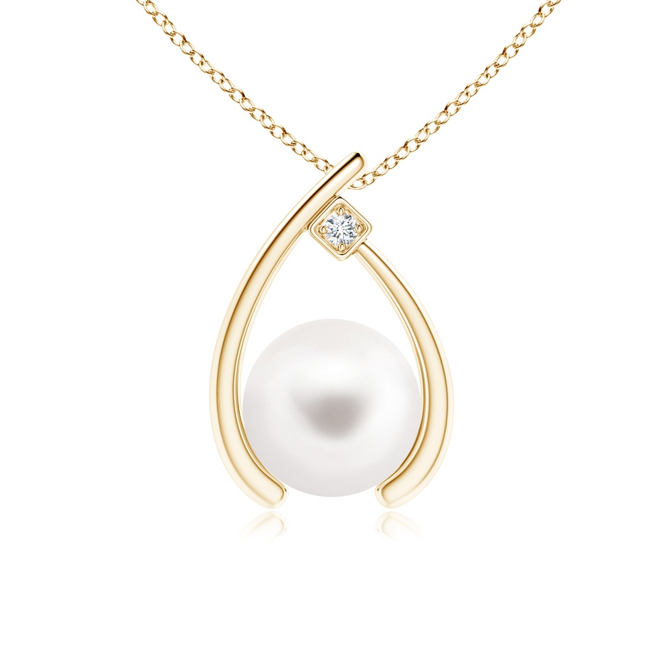 8mm AA Freshwater Pearl Wishbone Pendant with Diamond in Yellow Gold 