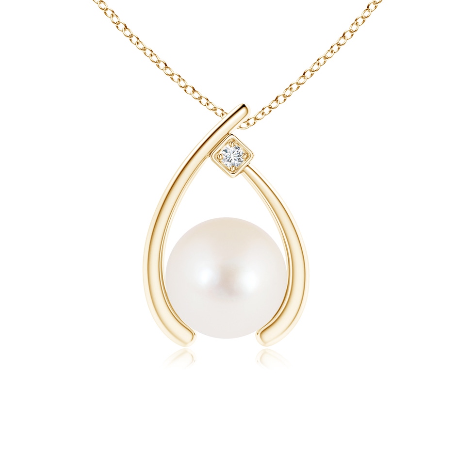 8mm AAA Freshwater Pearl Wishbone Pendant with Diamond in 9K Yellow Gold 