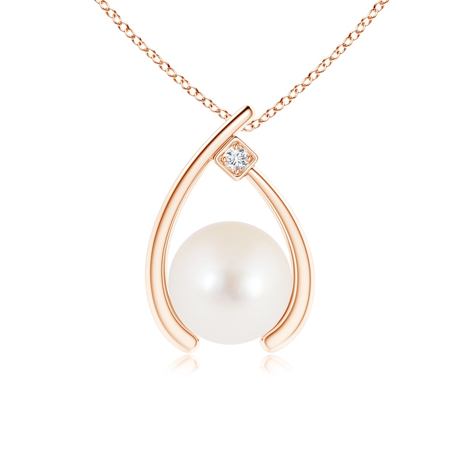 8mm AAA Freshwater Pearl Wishbone Pendant with Diamond in Rose Gold 