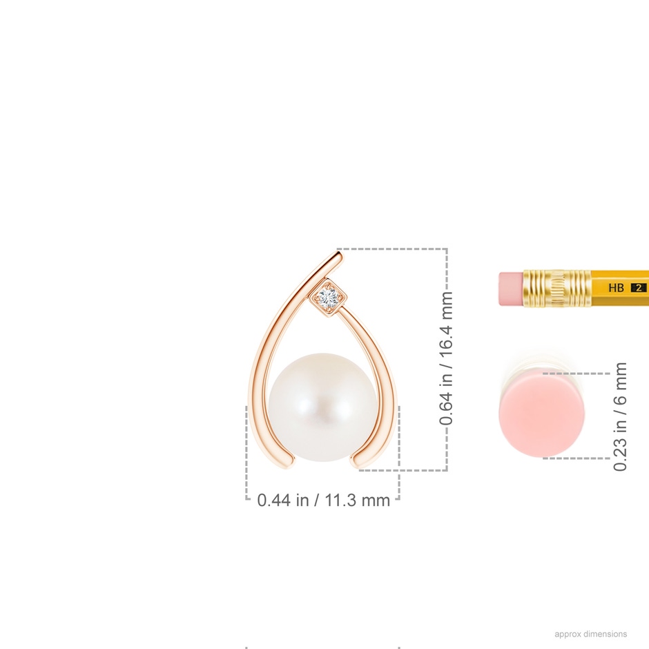 8mm AAA Freshwater Pearl Wishbone Pendant with Diamond in Rose Gold ruler