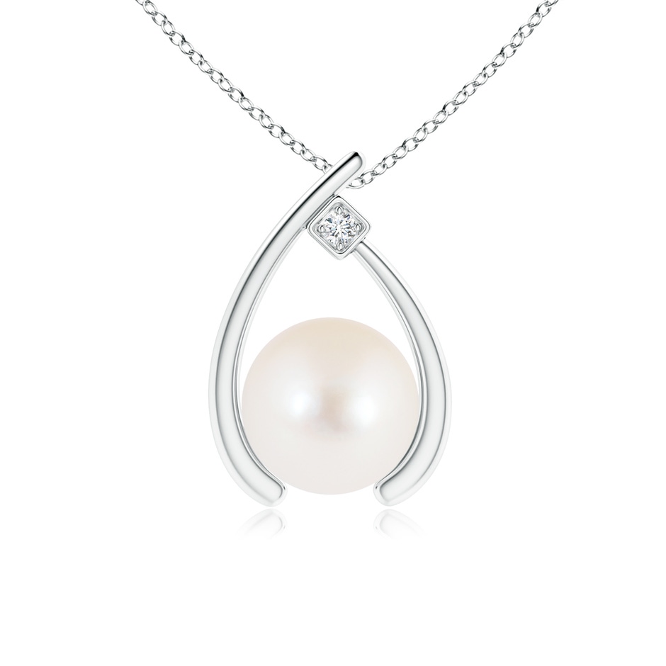8mm AAA Freshwater Pearl Wishbone Pendant with Diamond in White Gold 