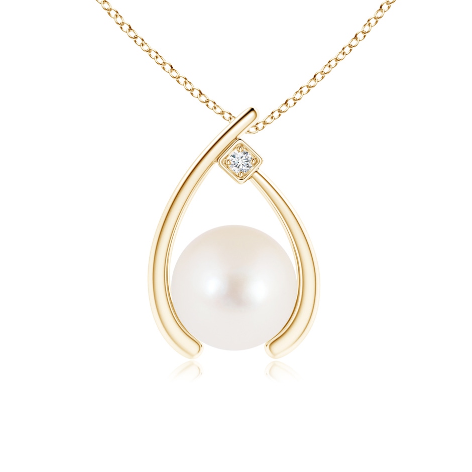 8mm AAA Freshwater Pearl Wishbone Pendant with Diamond in Yellow Gold 