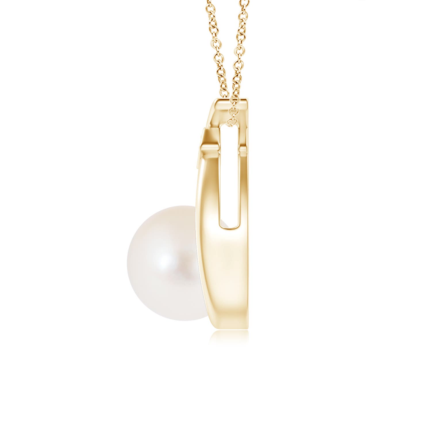 8mm AAA Freshwater Pearl Wishbone Pendant with Diamond in Yellow Gold - side 2