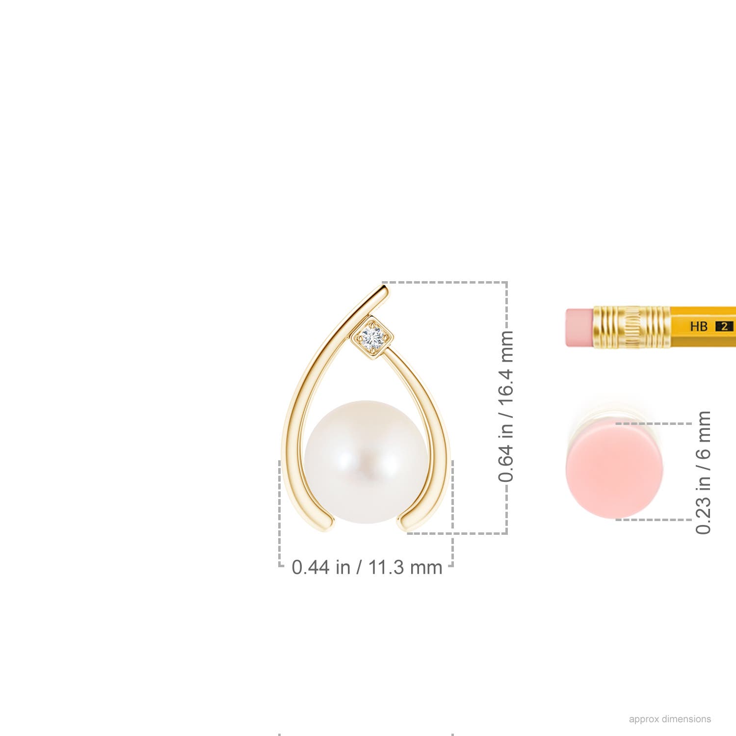 8mm AAA Freshwater Pearl Wishbone Pendant with Diamond in Yellow Gold - ruler