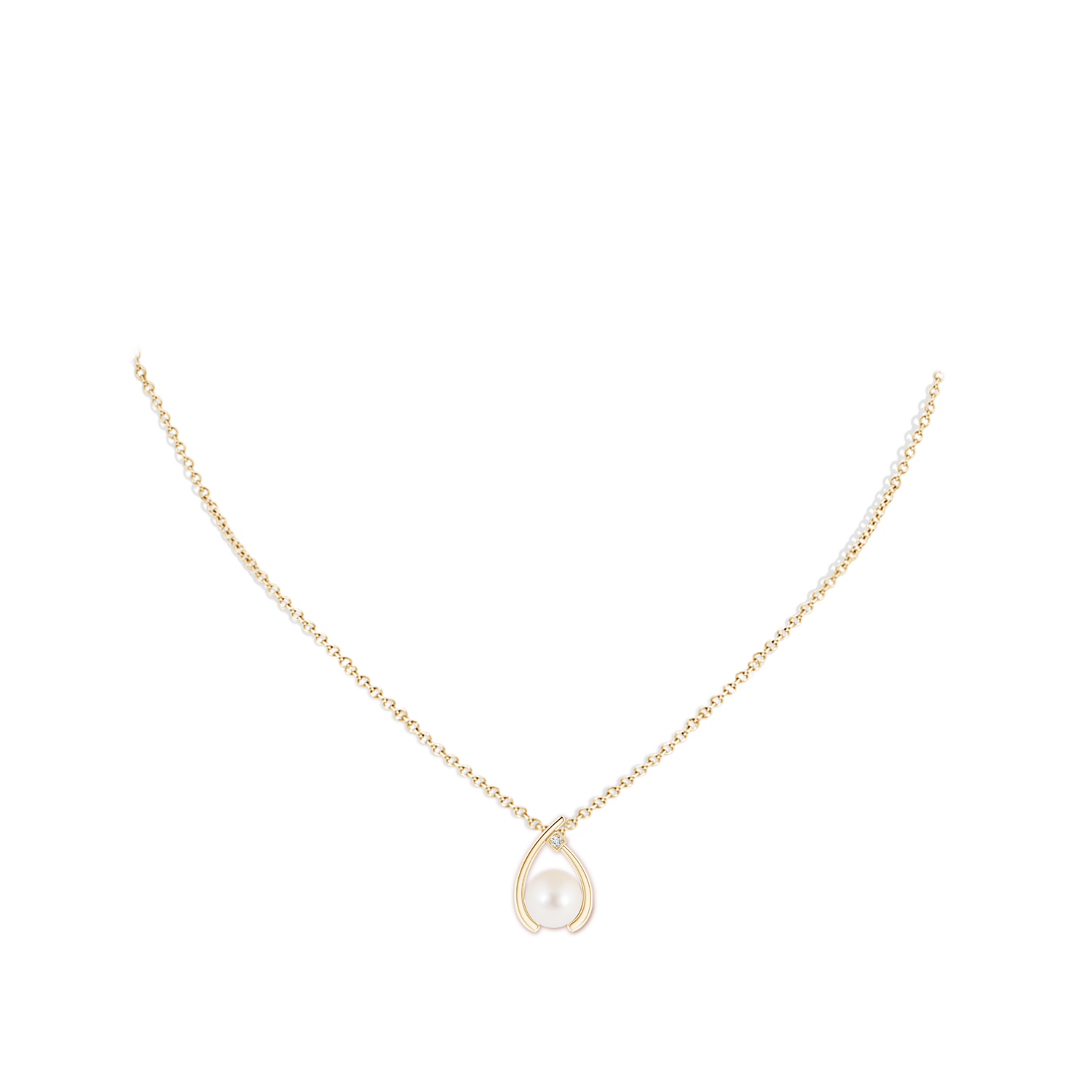 8mm AAA Freshwater Pearl Wishbone Pendant with Diamond in Yellow Gold - body_neck
