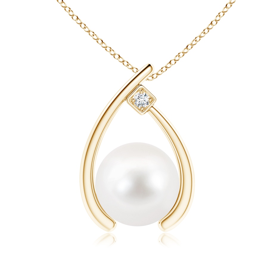 9mm AA Freshwater Pearl Wishbone Pendant with Diamond in Yellow Gold 