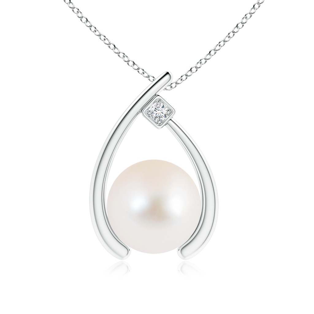 9mm AAA Freshwater Pearl Wishbone Pendant with Diamond in White Gold