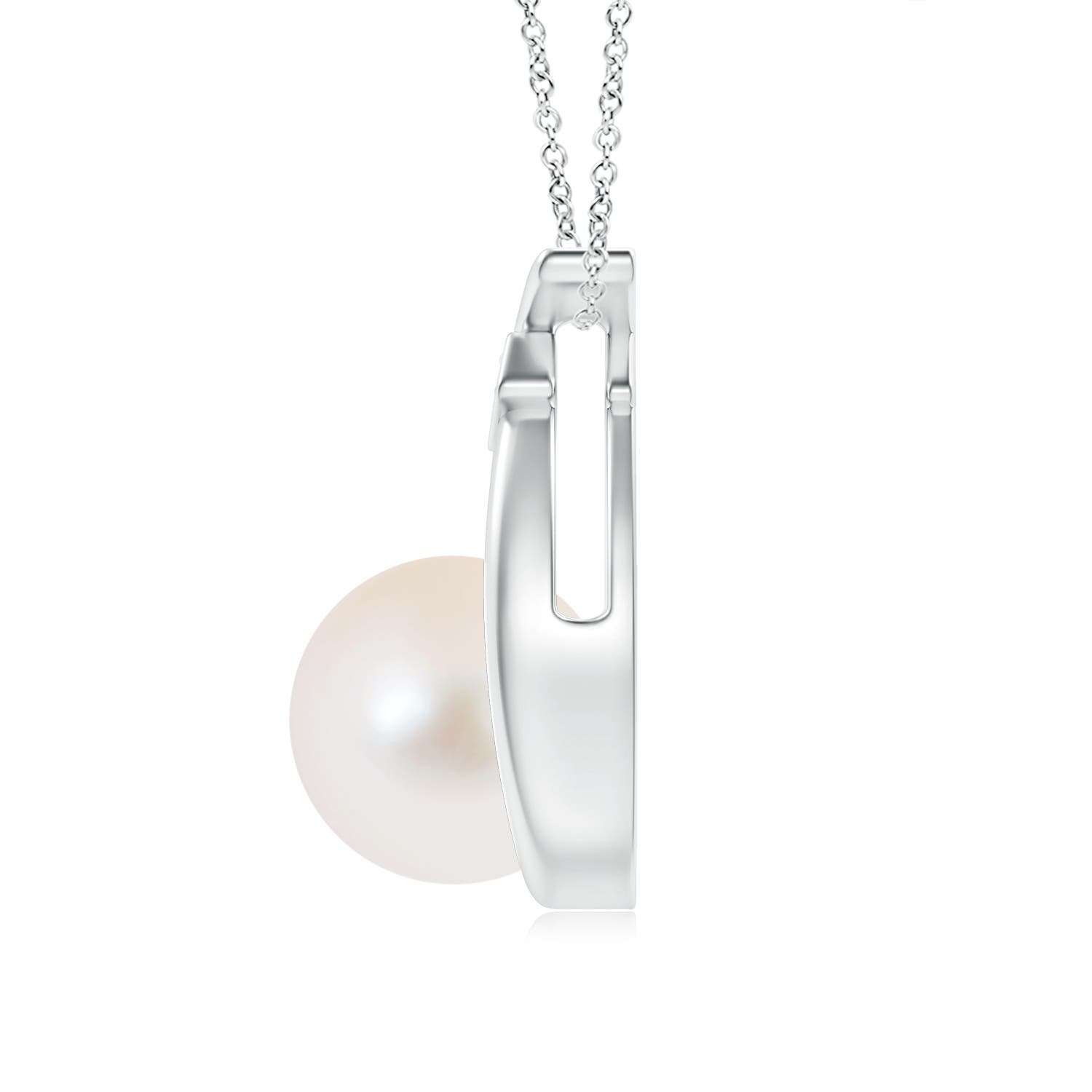 9mm AAA Freshwater Pearl Wishbone Pendant with Diamond in White Gold - side 2