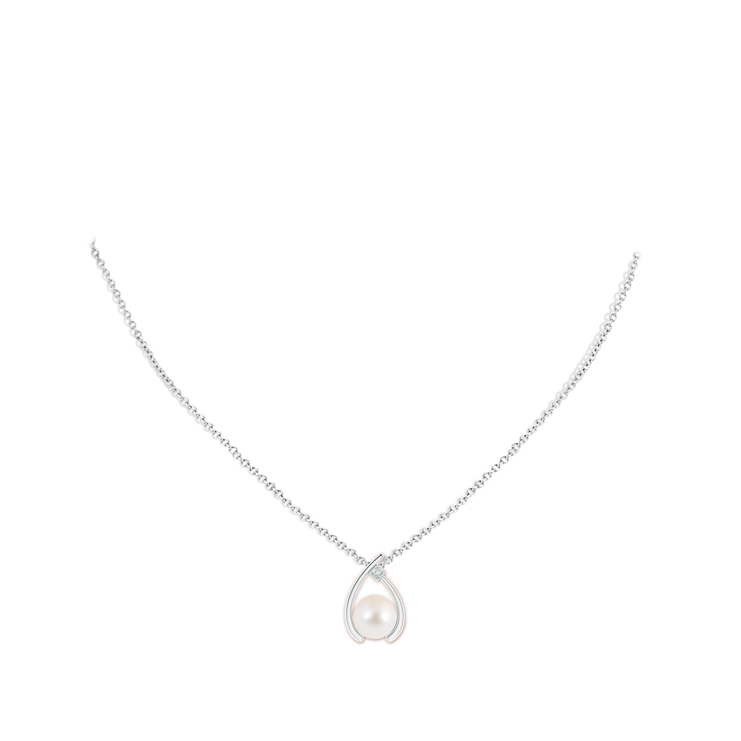 9mm AAA Freshwater Pearl Wishbone Pendant with Diamond in White Gold - body_neck