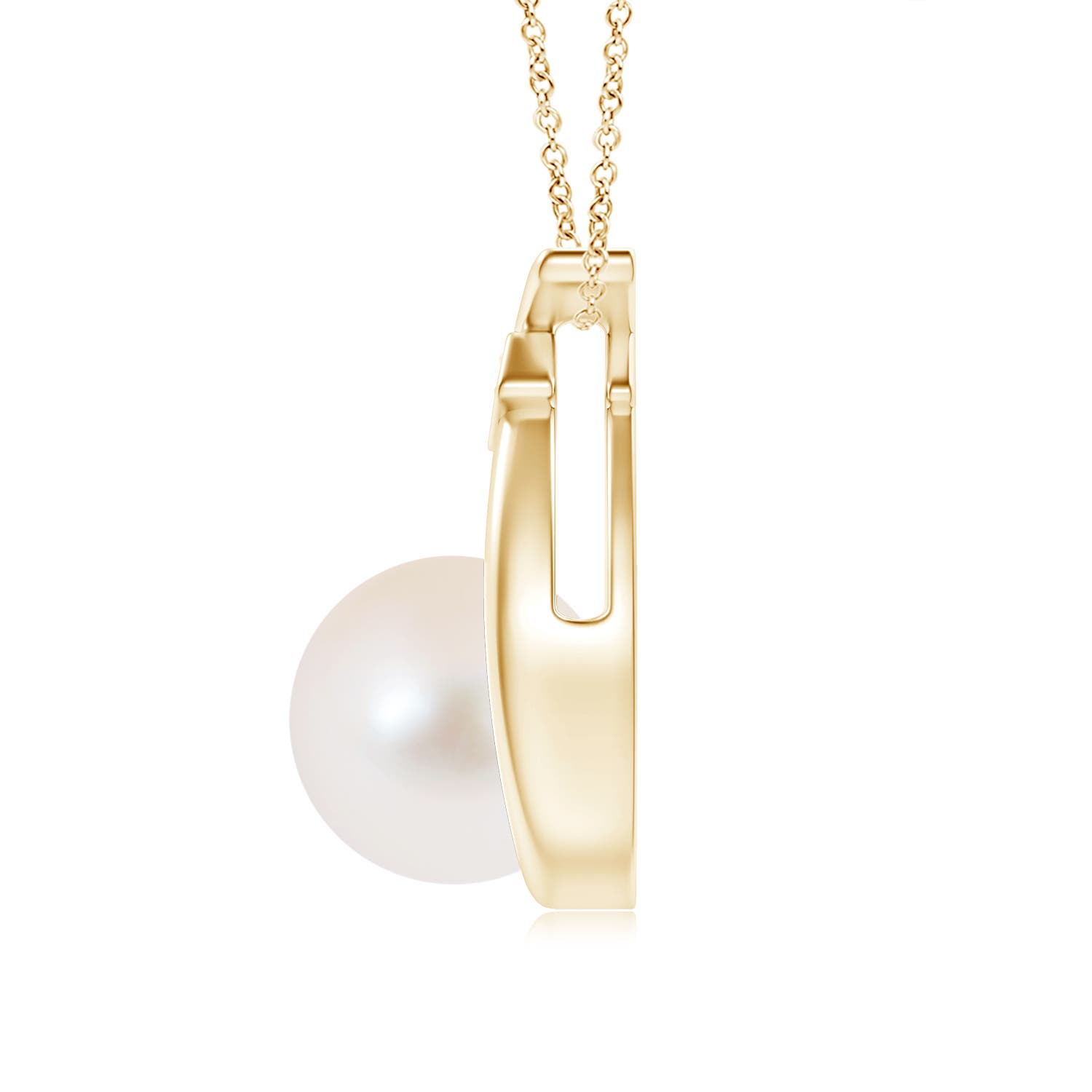 9mm AAA Freshwater Pearl Wishbone Pendant with Diamond in Yellow Gold
