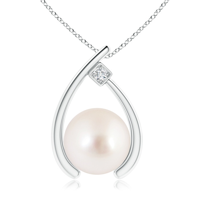 10mm AAAA South Sea Cultured Pearl Wishbone Pendant with Diamond in S999 Silver