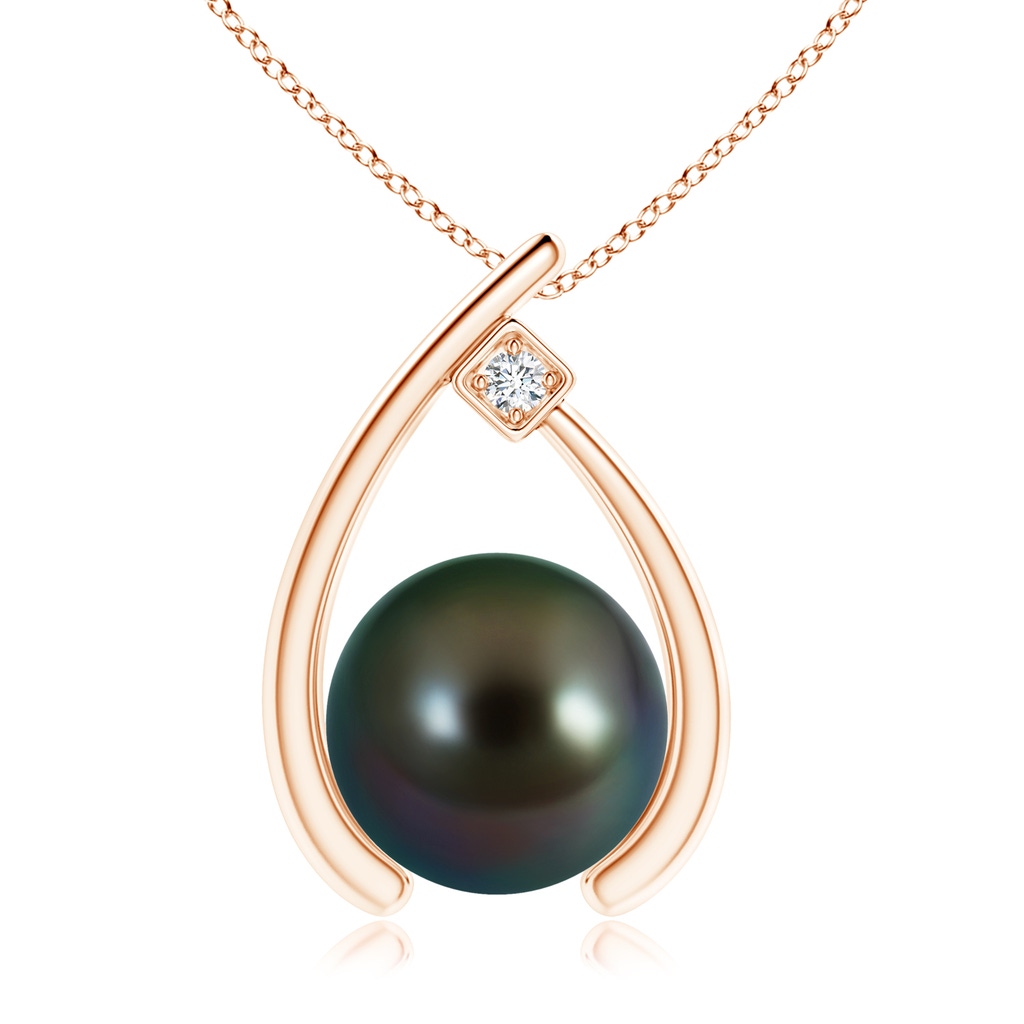 10mm AAAA Tahitian Pearl Wishbone Pendant with Diamond in Rose Gold