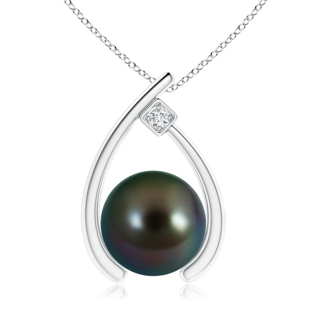 10mm AAAA Tahitian Pearl Wishbone Pendant with Diamond in White Gold