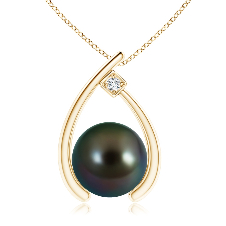 10mm AAAA Tahitian Pearl Wishbone Pendant with Diamond in Yellow Gold 