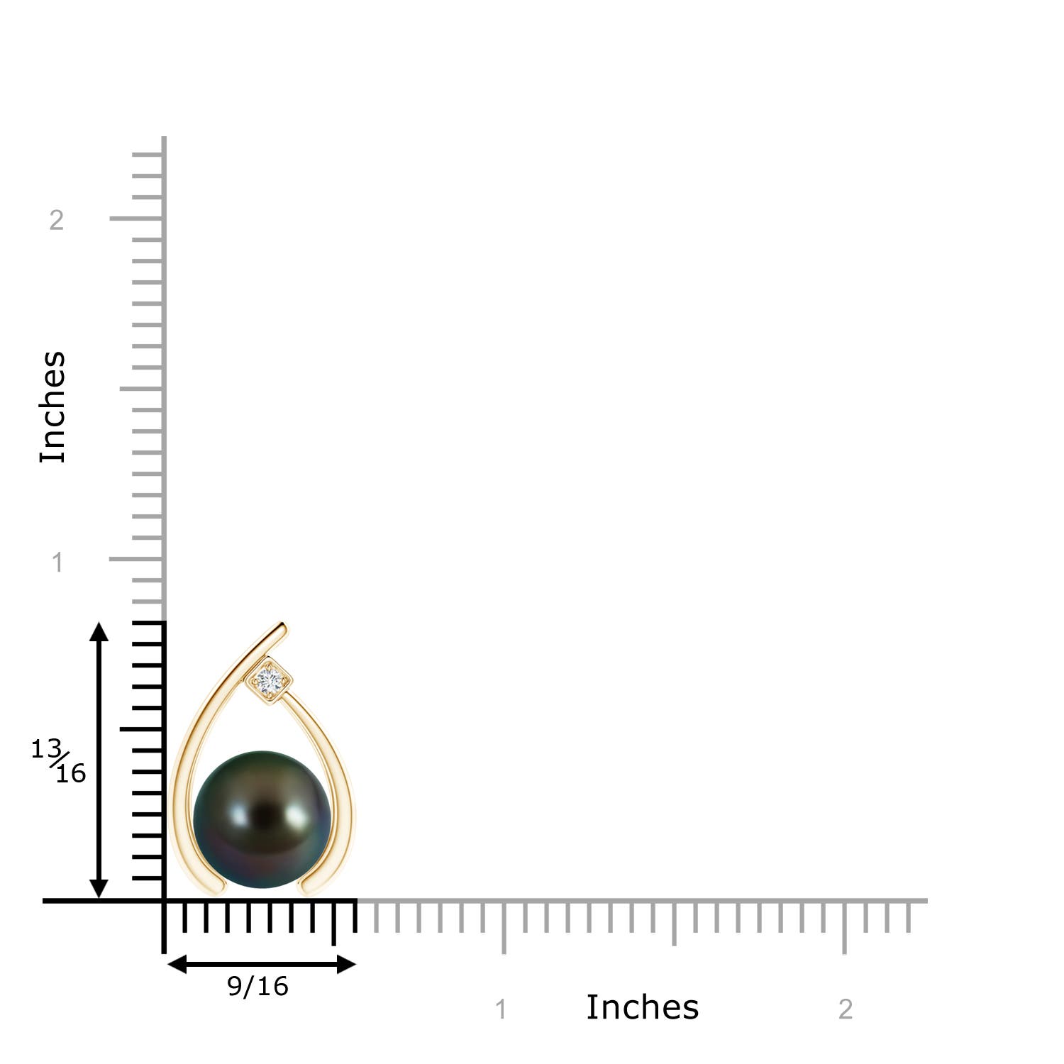 10mm AAAA Tahitian Pearl Wishbone Pendant with Diamond in Yellow Gold - ruler