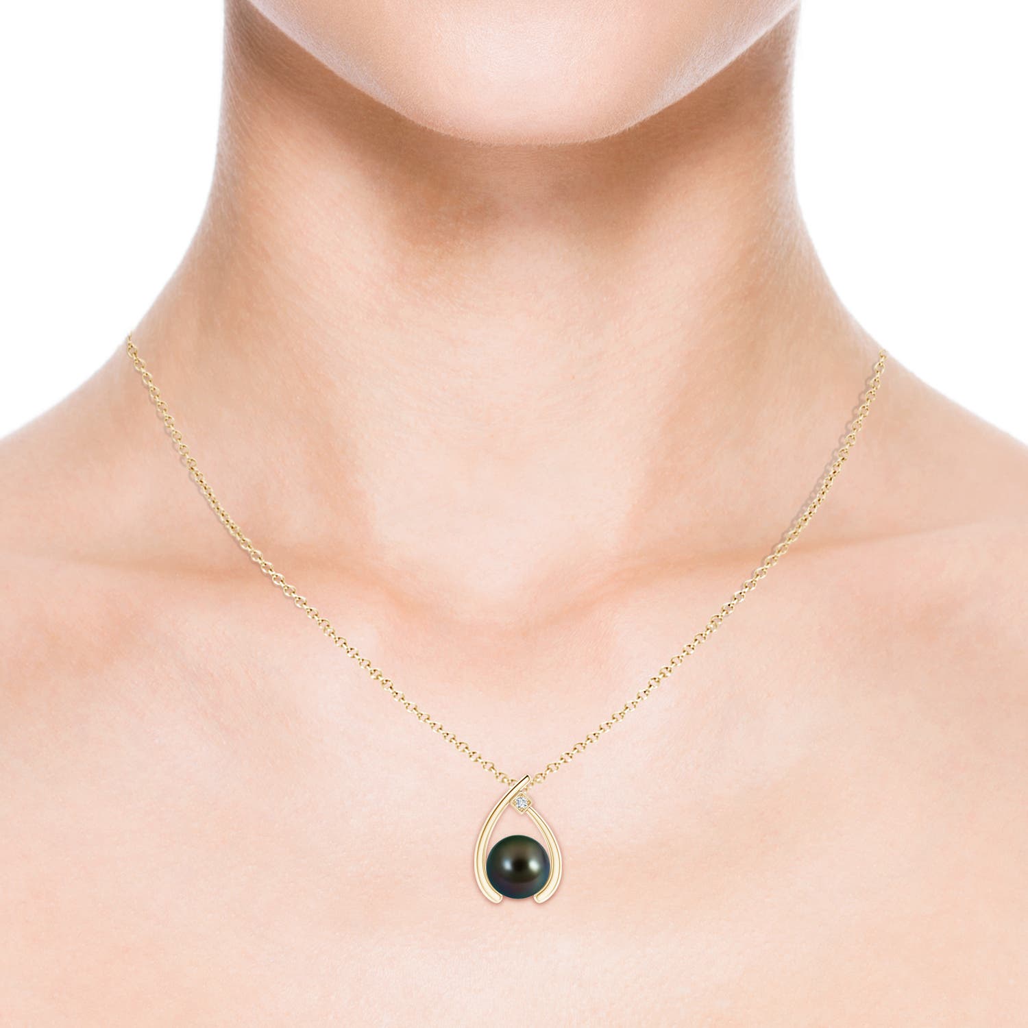 10mm AAAA Tahitian Pearl Wishbone Pendant with Diamond in Yellow Gold - body_view 3