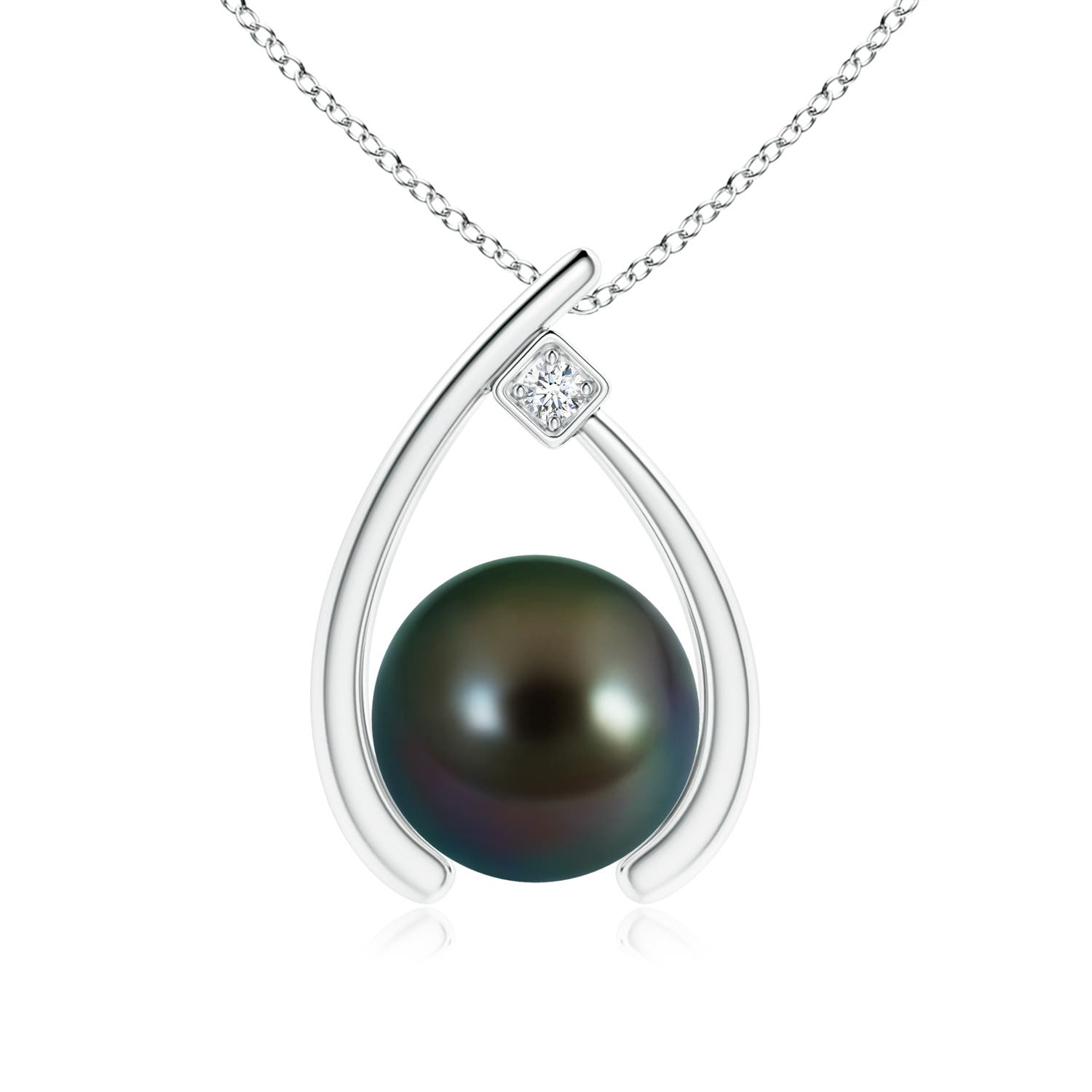 9mm AAAA Tahitian Pearl Wishbone Pendant with Diamond in White Gold