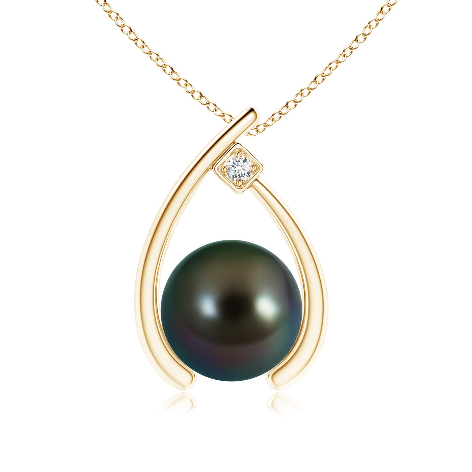 9mm AAAA Tahitian Pearl Wishbone Pendant with Diamond in Yellow Gold