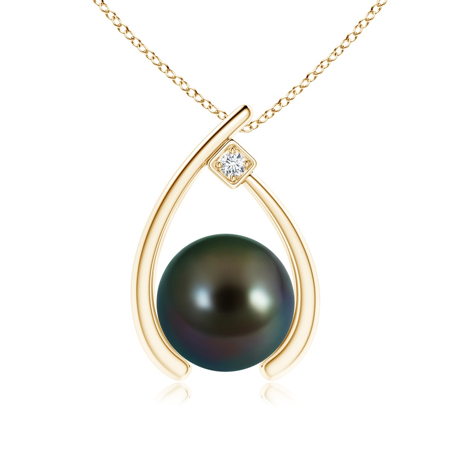 9mm AAAA Tahitian Pearl Wishbone Pendant with Diamond in Yellow Gold 