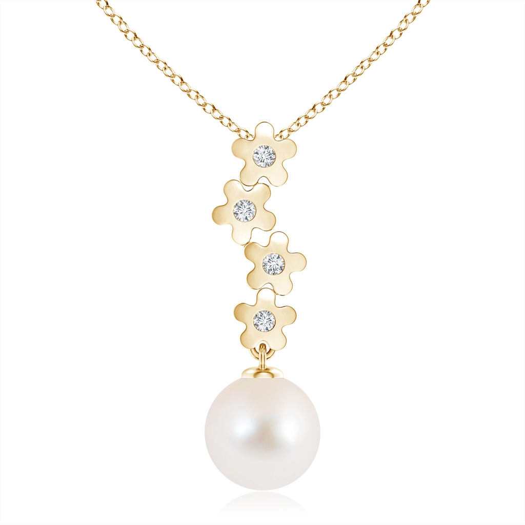 10mm AAA Freshwater Pearl Pendant with Cascading Flowers in Yellow Gold