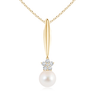 10mm AAA Freshwater Pearl Drop Pendant with Diamond Flower in Yellow Gold